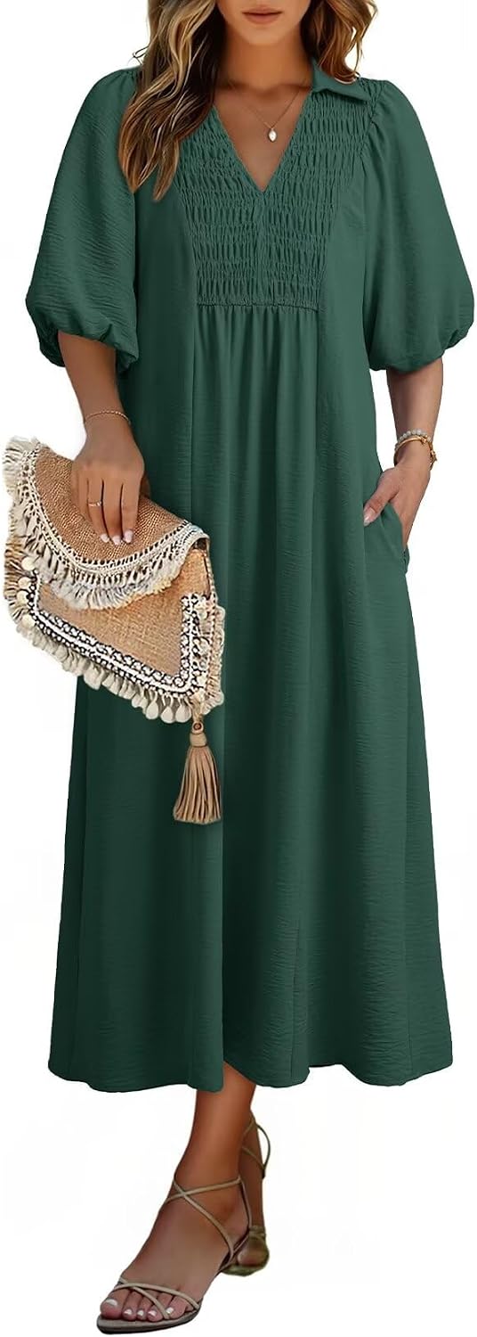 Dokotoo Summer Dresses for Women 2026 Casual Dresses V Neck Puff Sleeve Empire Waist A-Line Maxi Dress