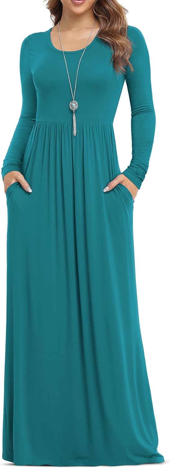 VIISHOW Women's Long Sleeve Casual Empire Waist Maxi Dress with Pockets | Soft stretch,Loose\u2011flowing dress,Full\u2011length cut,For church & daily occasions,Layer for cool Fall\u2011Winter,Casual to Formal