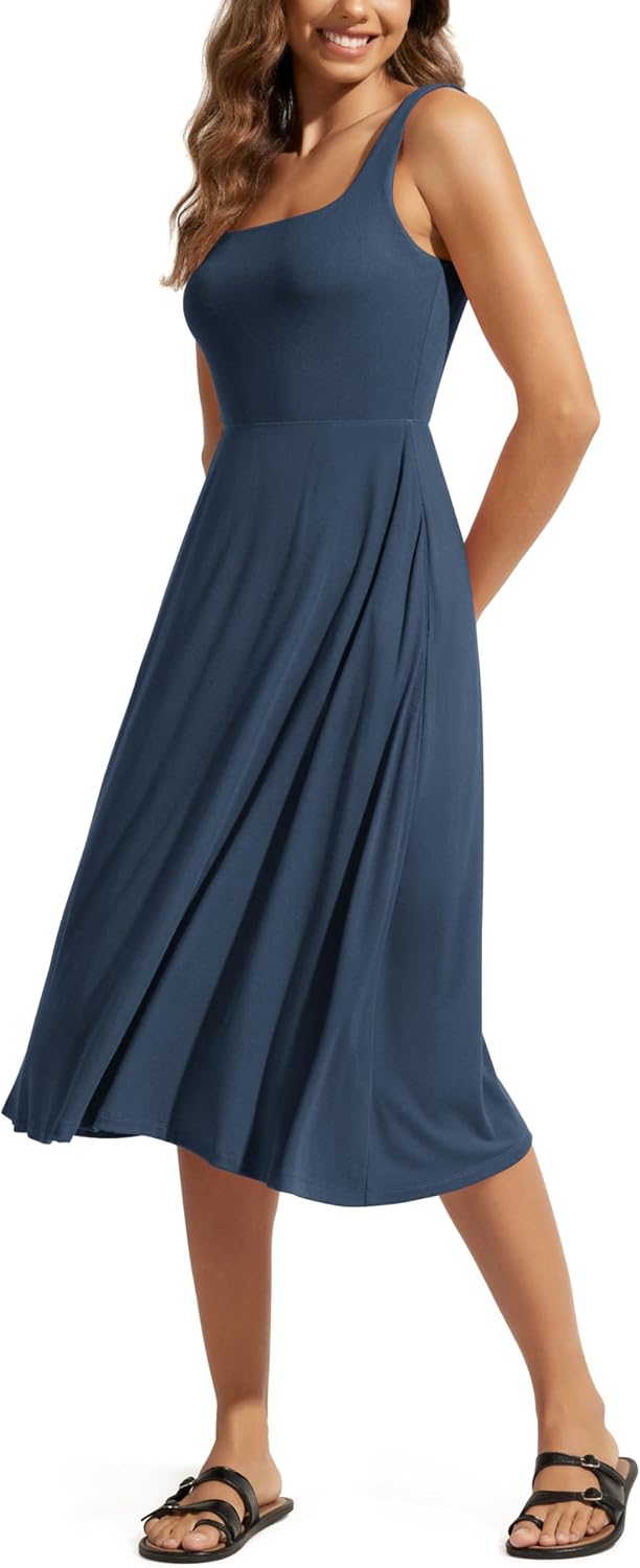 ODODOS Square Neck Midi Dress with Pockets for Women Summer Casual Sleeveless Sundress Flare Tank Dress