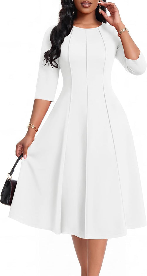 CLOCOR Womens 3\/4 Sleeve Semi Formal Church Midi Dress with Pockets | Fit and flare, modest crew neck, vertical seams, elegant style, casual, work, cocktail party