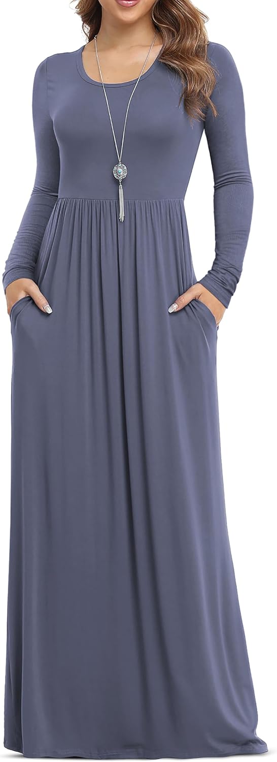 VIISHOW Women's Long Sleeve Casual Empire Waist Maxi Dress with Pockets | Soft stretch,Loose\u2011flowing dress,Full\u2011length cut,For church & daily occasions,Layer for cool Fall\u2011Winter,Casual to Formal