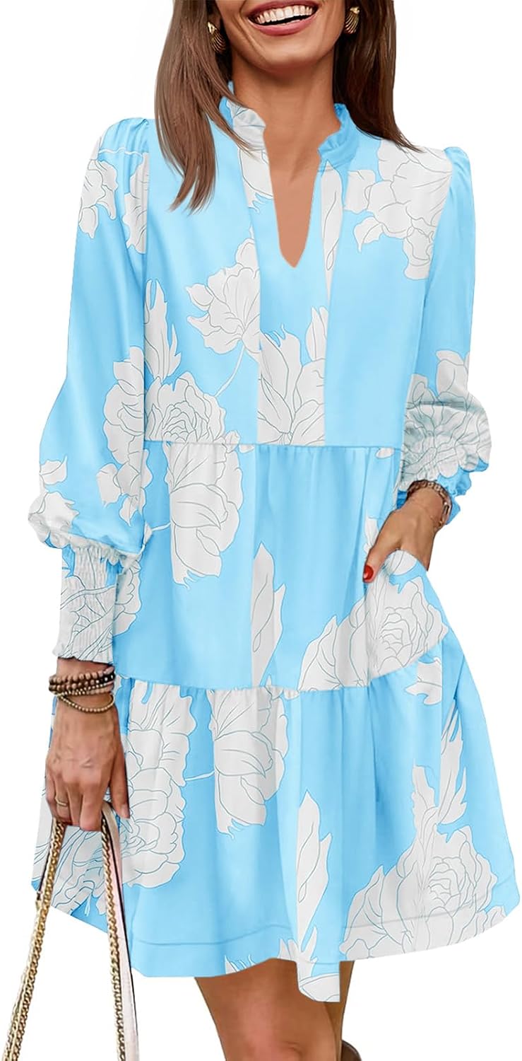 Imily Bela Womens Fall Long Sleeve Tunic Dress Casual V Neck Tiered Dress | Loose,Swing,A-Line,Ruffled Collar,Puff Balloon Sleeve,Smocked Elastic Cuffs,Tiered Layered Ruffle Hem,Babydoll,Loose,Mini