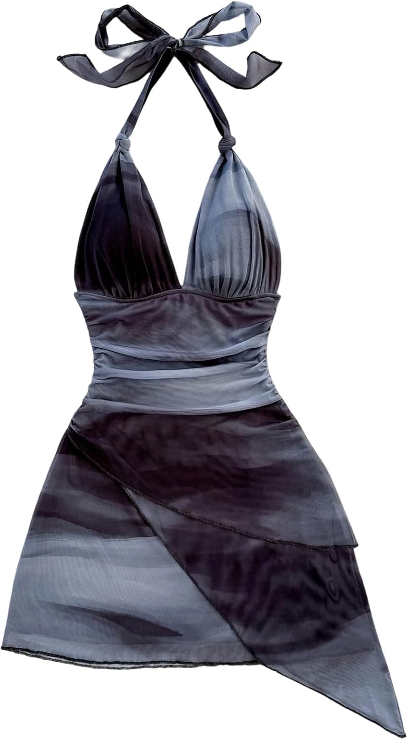 SOLY HUX Women's Y2K Summer Beach Halter Mini Dress | Retro Floral Dress, V Neck, Backless, Club Nightout, Sexy Going Out Clothes, Birthday Dress