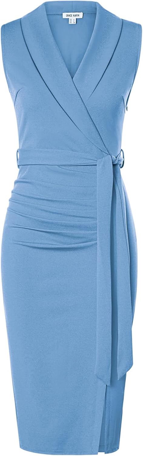 GRACE KARIN Women's Wear to Work Bodycon Sleeveless Dresses | Midi, Slim Fit, Ruched, Belted, High Waist, Stretchy, Slit, V Neck, Wrap, Pencil, Elegant, Office, Formal, Sheath, Cocktail