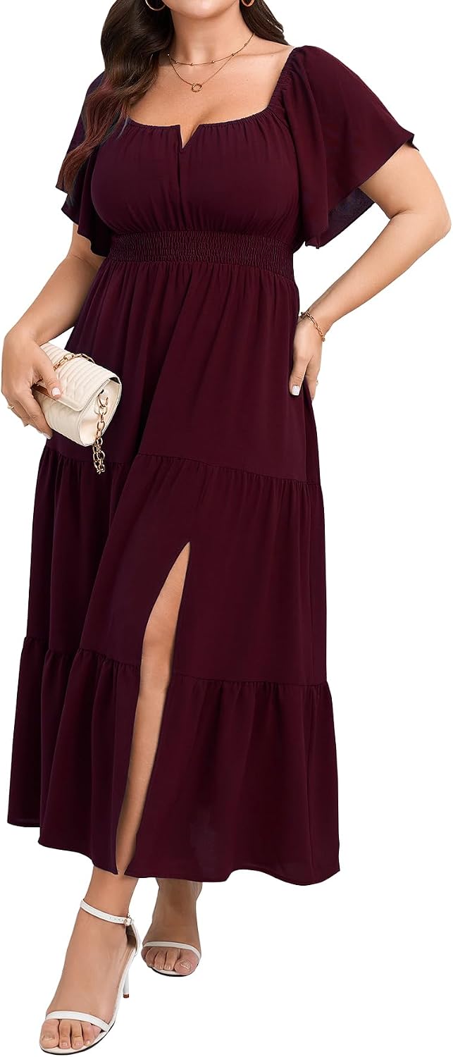 SCOMCHIC Womens Plus Size Wedding Guest Cocktail Dresses | Short Sleeve, Square Neck, Tiered Ruffle, Slit Maxi Dress