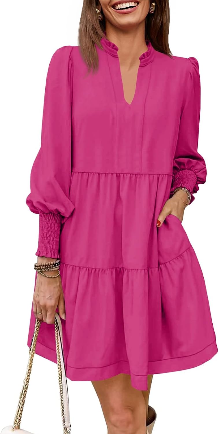 Imily Bela Womens Fall Long Sleeve Tunic Dress Casual V Neck Tiered Dress | Loose,Swing,A-Line,Ruffled Collar,Puff Balloon Sleeve,Smocked Elastic Cuffs,Tiered Layered Ruffle Hem,Babydoll,Loose,Mini