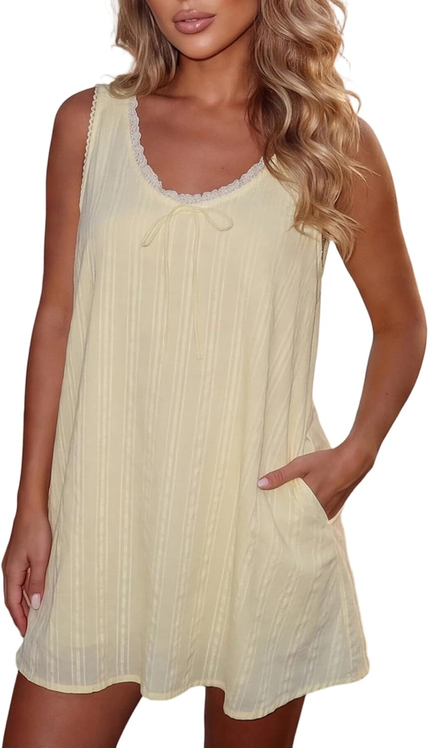 Nlacehan Women's Y2k Flowy Lace Trim Babydoll Mini Dress | Short Sundress with Pocket, Tank Dress, V Neck, Sleeveless, A-Line, Cotton, Loose, Casual, Summer, Vacation, Daily Wear, Club