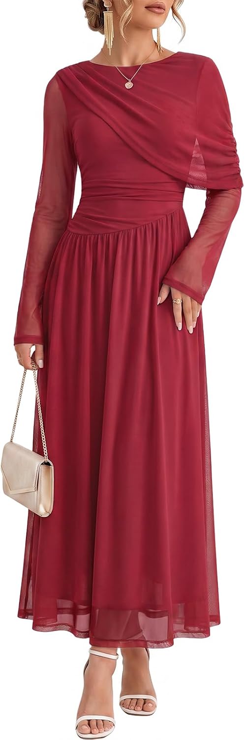 Wenrine Womens Fall Cocktail Dress Long Sleeve Mesh Maxi Party Dresses | Long Sleeve, Mesh, A Line, Flowy, Fall, Winter, Maxi, Long Cocktail Party Dress, Evening Gowns, Dress with Cape Sleeves