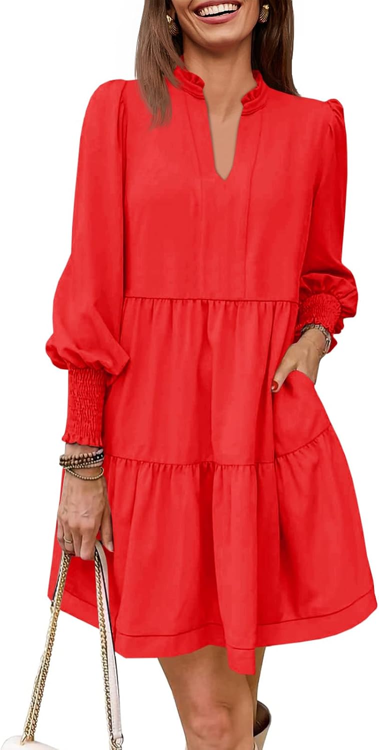 Imily Bela Womens Fall Long Sleeve Tunic Dress Casual V Neck Tiered Dress | Loose,Swing,A-Line,Ruffled Collar,Puff Balloon Sleeve,Smocked Elastic Cuffs,Tiered Layered Ruffle Hem,Babydoll,Loose,Mini