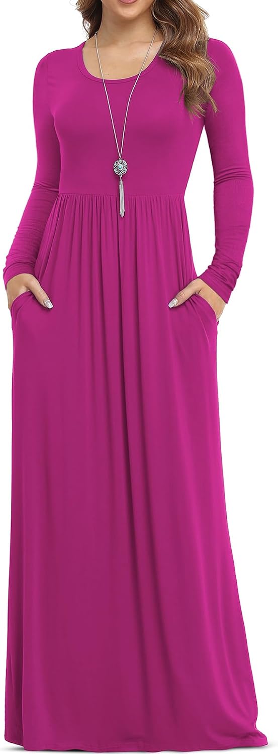 VIISHOW Women's Long Sleeve Casual Empire Waist Maxi Dress with Pockets | Soft stretch,Loose\u2011flowing dress,Full\u2011length cut,For church & daily occasions,Layer for cool Fall\u2011Winter,Casual to Formal