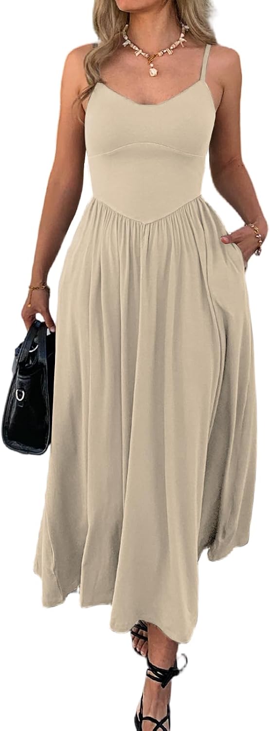Evzeiem Womens Spaghetti Strap Maxi Dresses Summer Casual Sleeveless A Line Long Flowy Dress with Pockets Beach Sundresses