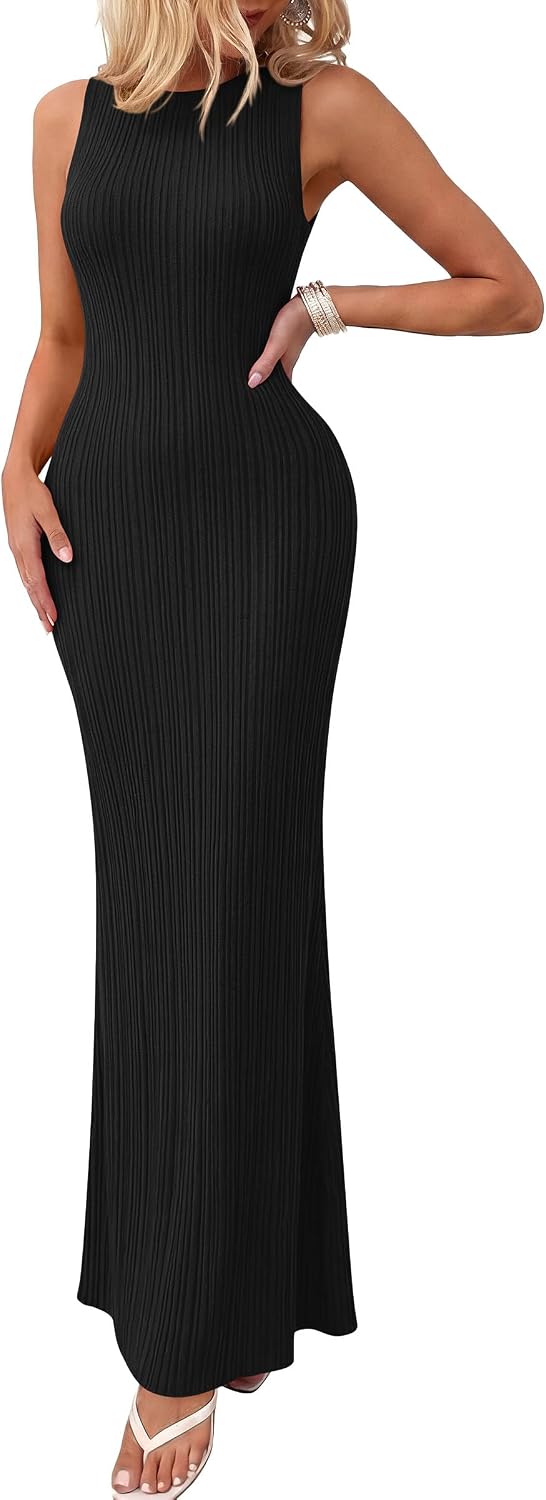 PRETTYGARDEN Women's Knit Bodycon Maxi Going Out Dresses | Ribbed Textured, Sleeveless Tank Dress, Fitted Long Sundresses, Casual Elegant, Summer Date Night Outfits, Fashion Clothing