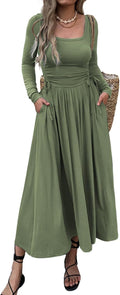 Mieazom Women\u2019s Long Sleeve Square Neck Maxi Dress Adjustable Waist Tie Casual Flowy A-Line Pleated Dresses with Pockets