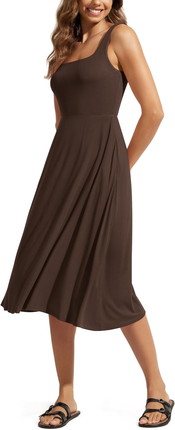 ODODOS Square Neck Midi Dress with Pockets for Women Summer Casual Sleeveless Sundress Flare Tank Dress