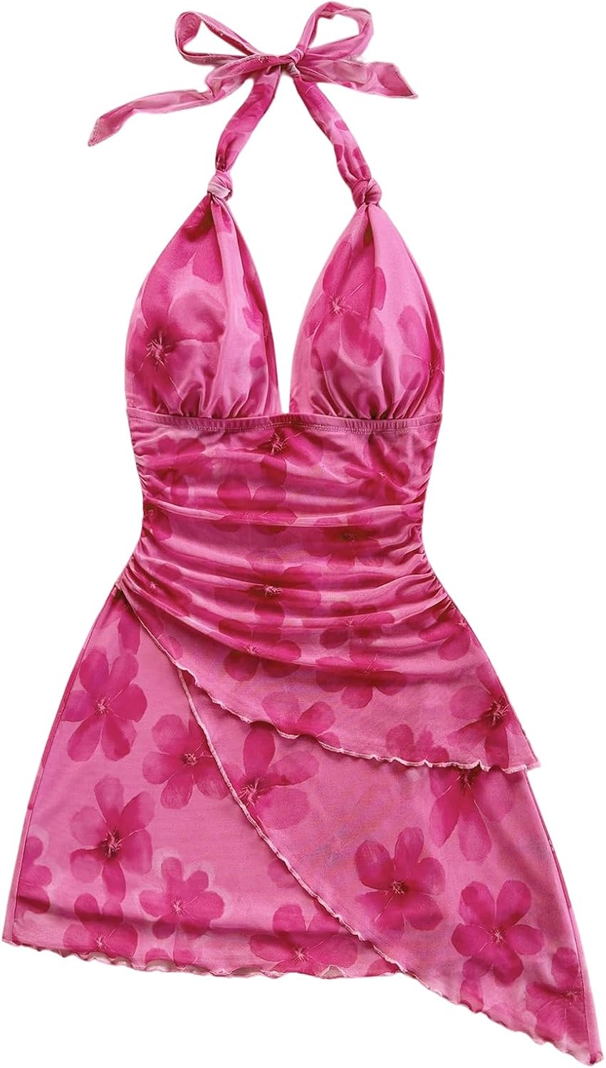 SOLY HUX Women's Y2K Summer Beach Halter Mini Dress | Retro Floral Dress, V Neck, Backless, Club Nightout, Sexy Going Out Clothes, Birthday Dress