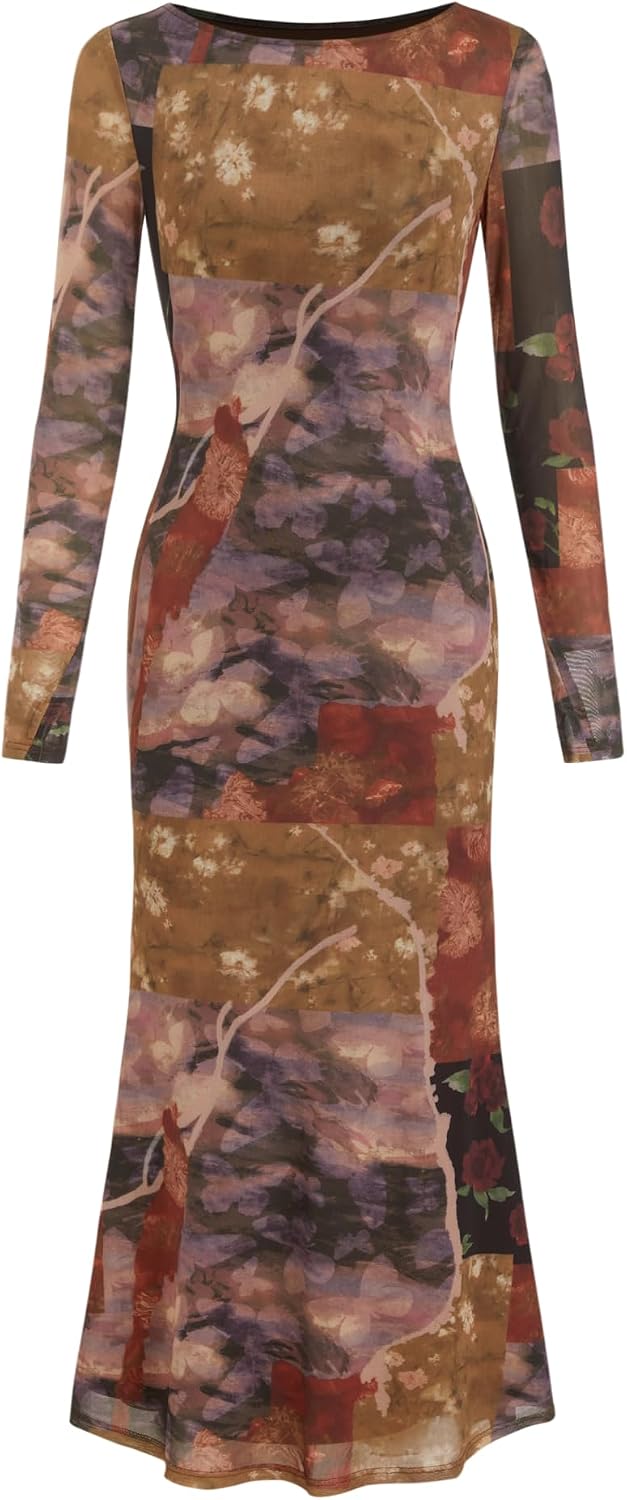 CIDER Floral Wedding Guest Dress for Women Mesh Long Sleeve Maxi Dress | Boat Neck Bodycon Dress with Thumb Holes, Semi Formal Dress, Fall Fashion Elegant Outfits