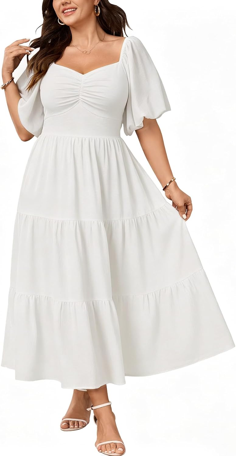 SHESTARR Womens Plus Size Wedding Guest Maxi Dress | Puffy Short Sleeve, Sweetheart Neckline, Smocked, Flowy, Tiered, A Line, Summer, Long Dresses