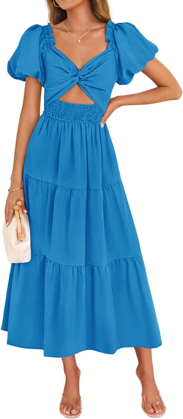 ZESICA Womens Summer Casual Cutout Flowy Vacation Maxi Dress | Short Puff Sleeve, A Line, Smocked Dress, Beach Party Dresses, Spring Summer Wedding Guest Long Dress