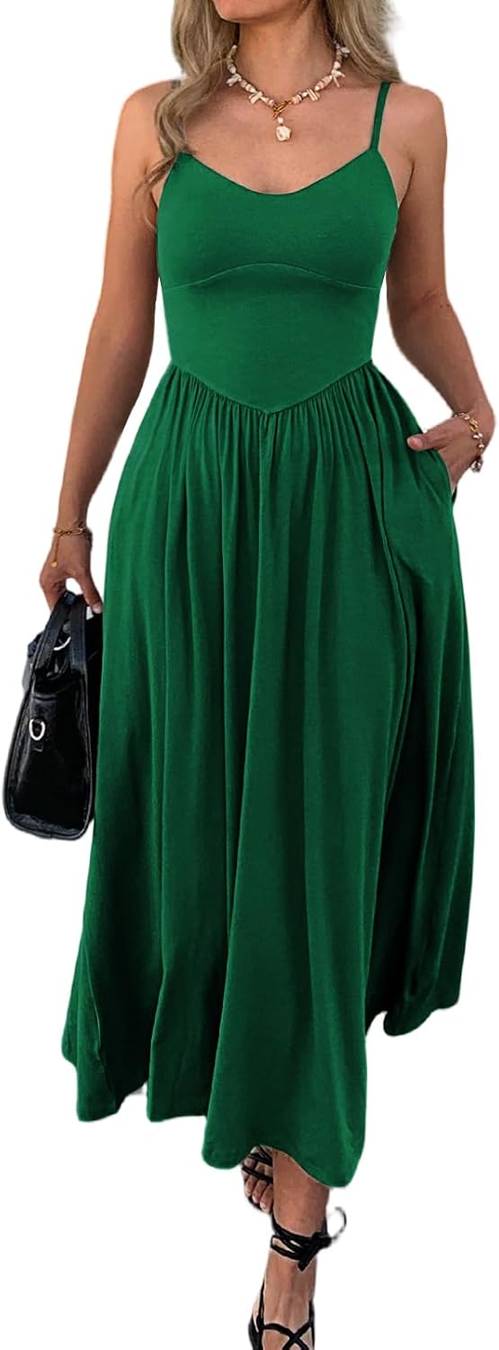 Evzeiem Womens Spaghetti Strap Maxi Dresses Summer Casual Sleeveless A Line Long Flowy Dress with Pockets Beach Sundresses