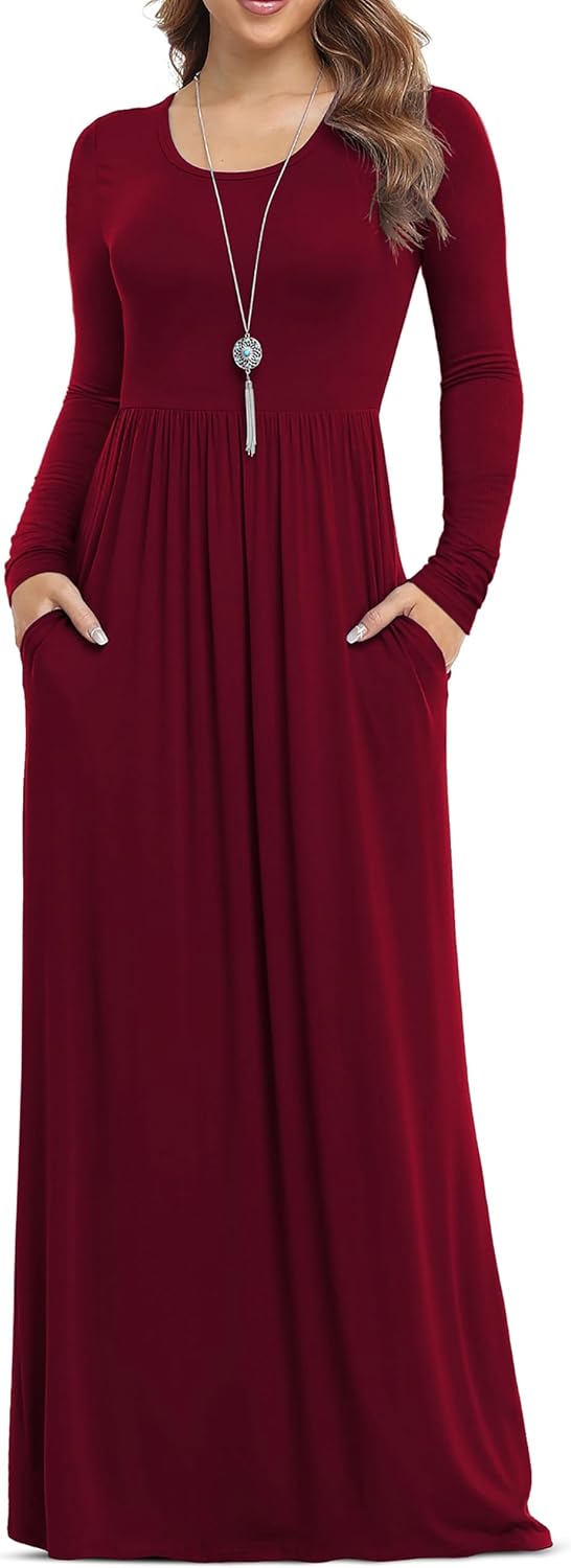 VIISHOW Women's Long Sleeve Casual Empire Waist Maxi Dress with Pockets | Soft stretch,Loose\u2011flowing dress,Full\u2011length cut,For church & daily occasions,Layer for cool Fall\u2011Winter,Casual to Formal
