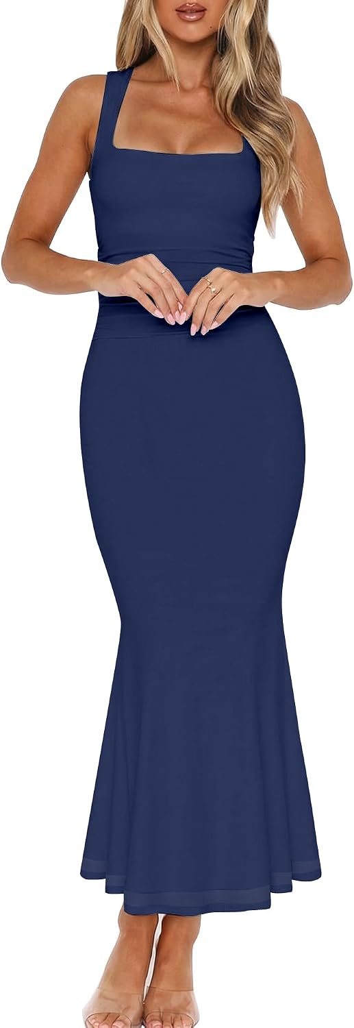BORIFLORS Women's Square Neck Ruched Bodycon Maxi Dress | Mesh, Wedding Guest Cocktail Party Homecoming, Long Dresses