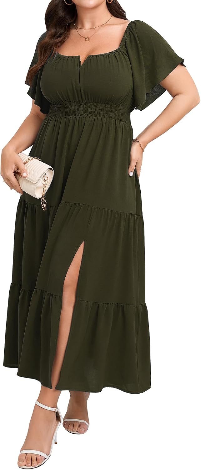 SCOMCHIC Womens Plus Size Wedding Guest Cocktail Dresses | Short Sleeve, Square Neck, Tiered Ruffle, Slit Maxi Dress