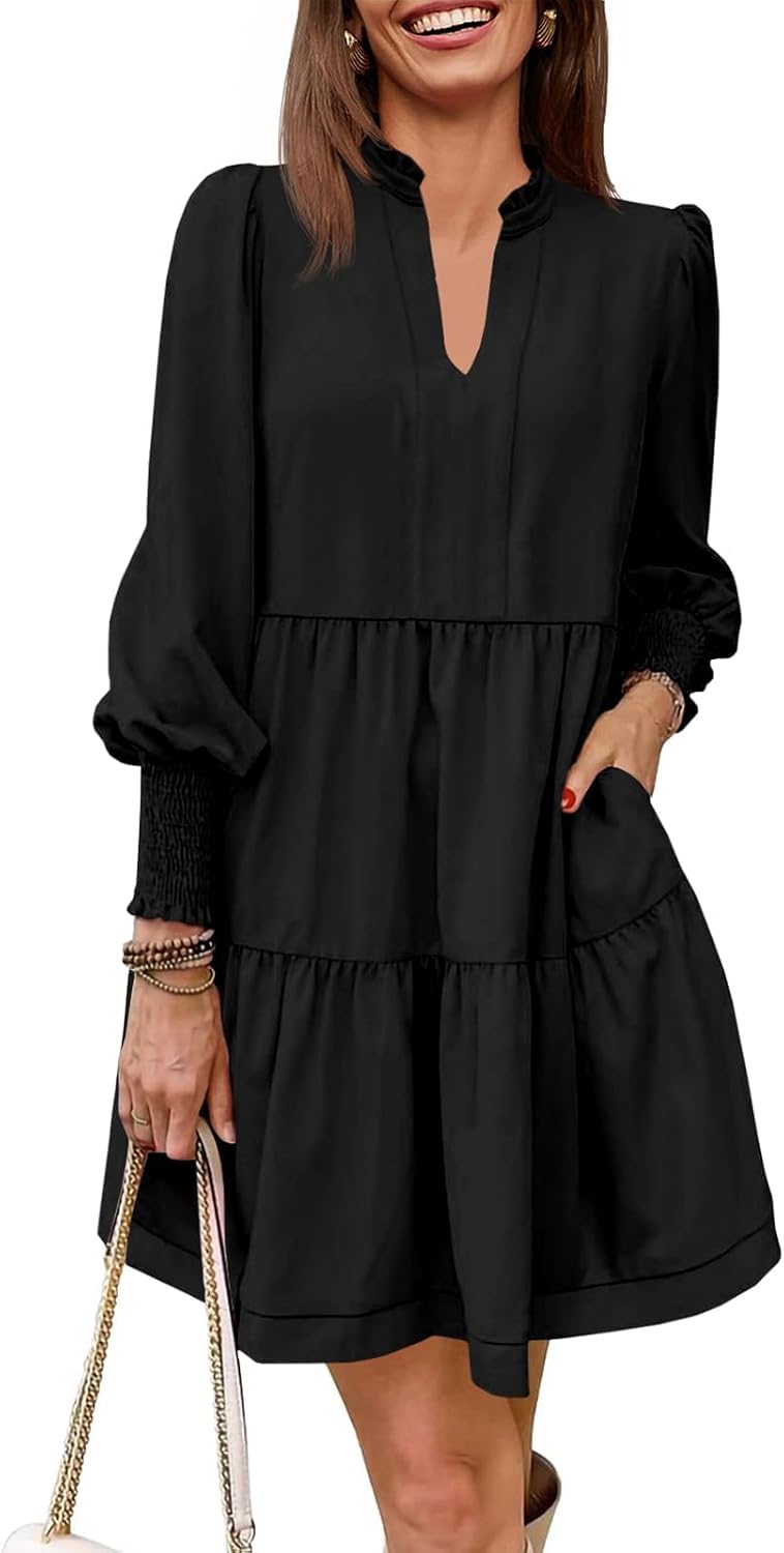 Imily Bela Womens Fall Long Sleeve Tunic Dress Casual V Neck Tiered Dress | Loose,Swing,A-Line,Ruffled Collar,Puff Balloon Sleeve,Smocked Elastic Cuffs,Tiered Layered Ruffle Hem,Babydoll,Loose,Mini