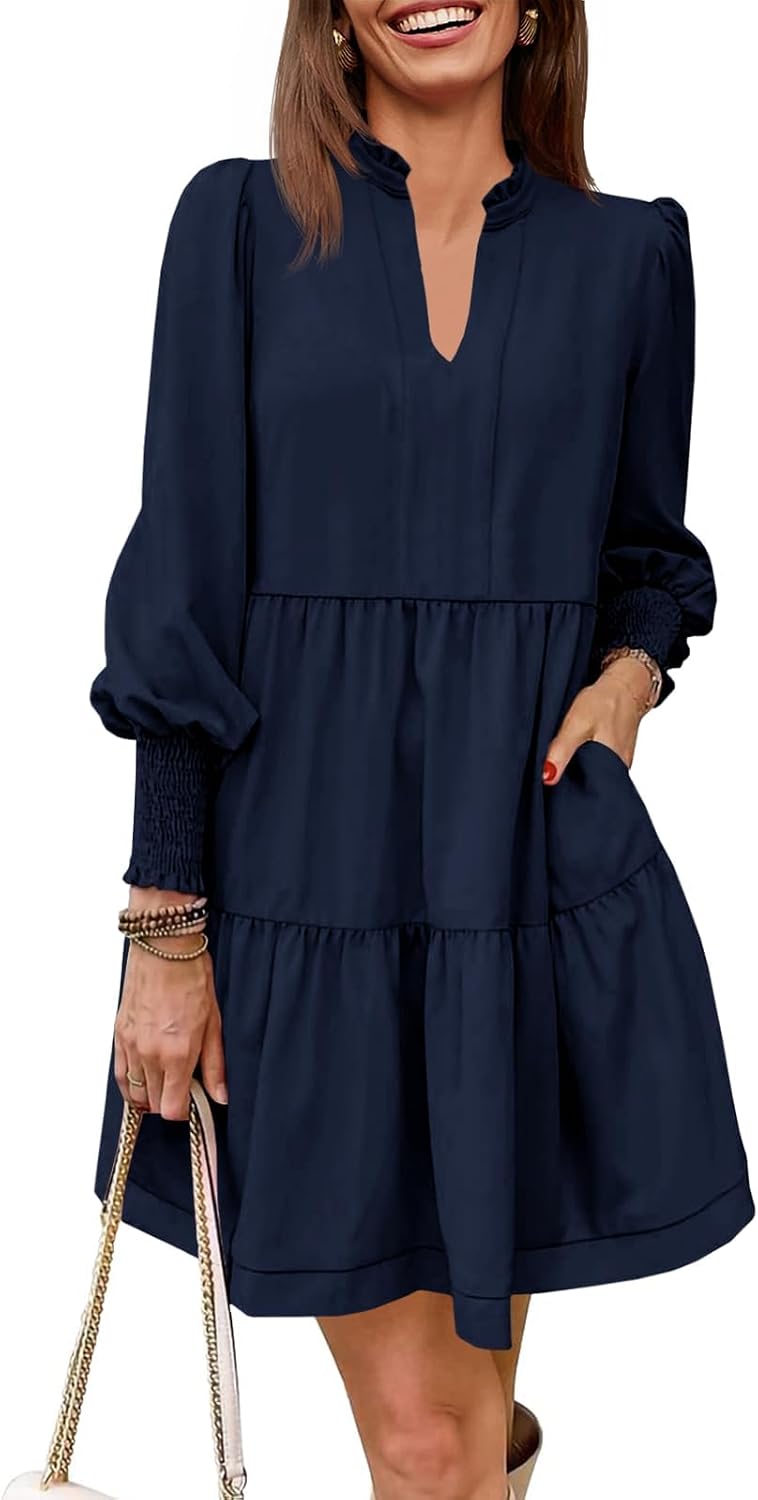 Imily Bela Womens Fall Long Sleeve Tunic Dress Casual V Neck Tiered Dress | Loose,Swing,A-Line,Ruffled Collar,Puff Balloon Sleeve,Smocked Elastic Cuffs,Tiered Layered Ruffle Hem,Babydoll,Loose,Mini