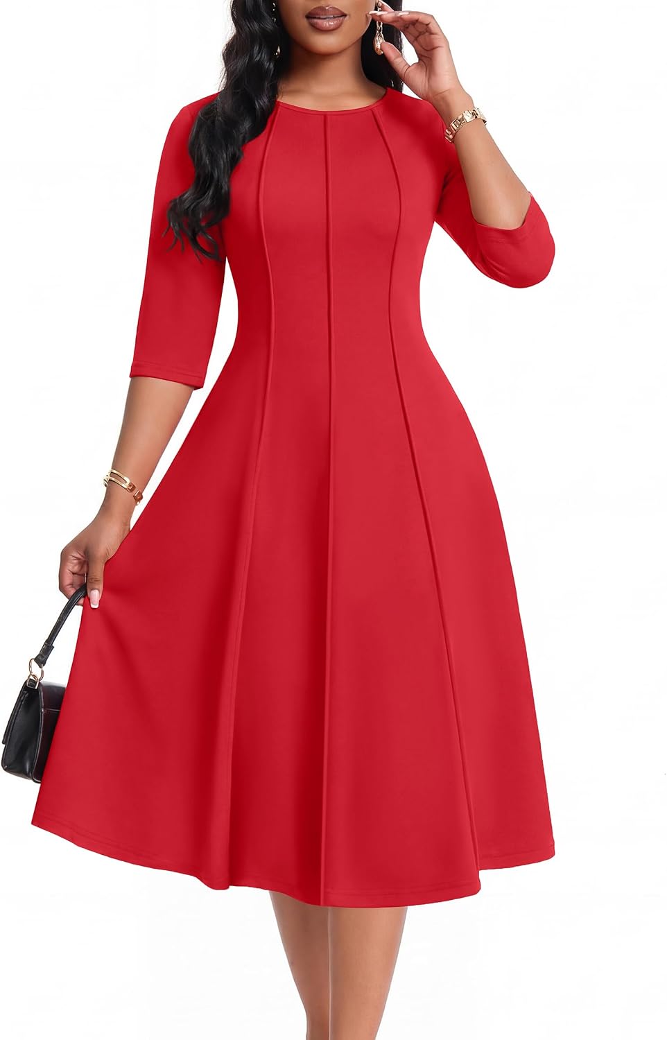 CLOCOR Womens 3\/4 Sleeve Semi Formal Church Midi Dress with Pockets | Fit and flare, modest crew neck, vertical seams, elegant style, casual, work, cocktail party