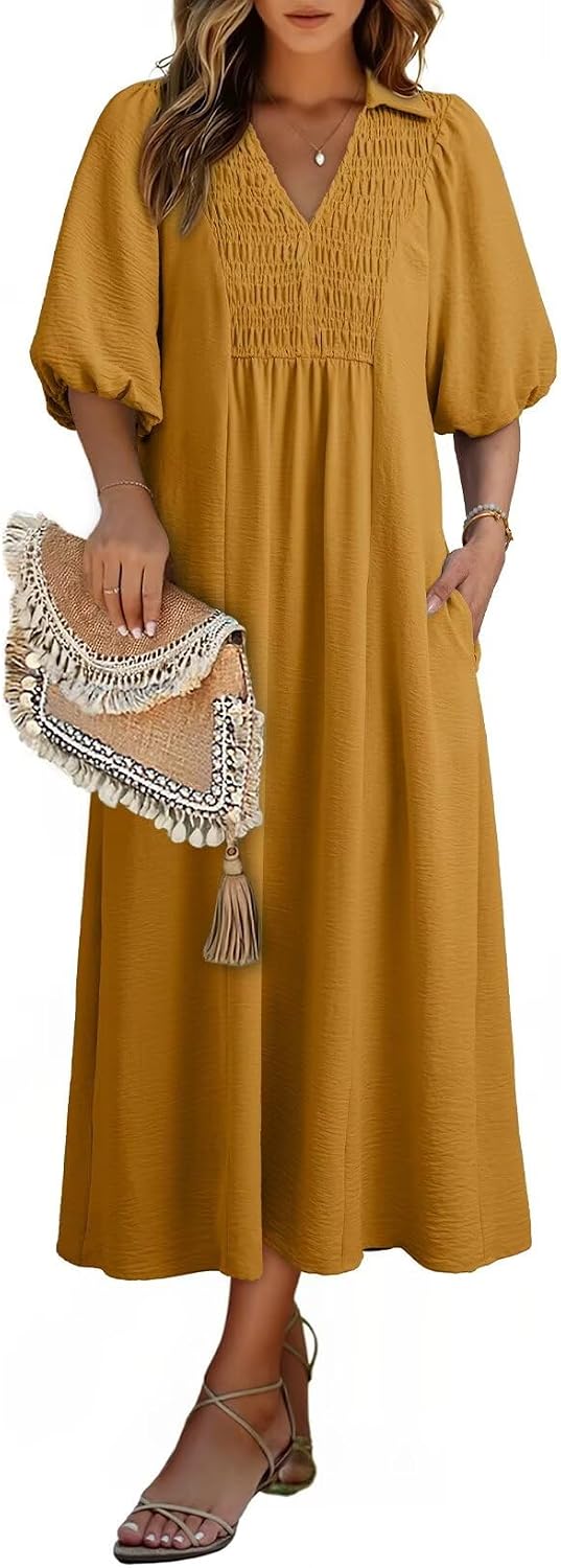 Dokotoo Summer Dresses for Women 2026 Casual Dresses V Neck Puff Sleeve Empire Waist A-Line Maxi Dress