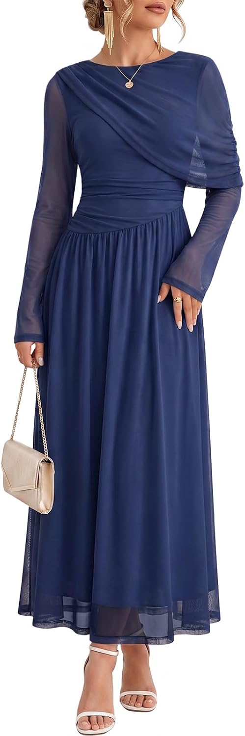 Wenrine Womens Fall Cocktail Dress Long Sleeve Mesh Maxi Party Dresses | Long Sleeve, Mesh, A Line, Flowy, Fall, Winter, Maxi, Long Cocktail Party Dress, Evening Gowns, Dress with Cape Sleeves
