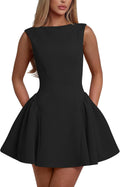 YMDUCH Women's Summer Sleeveless Backless A-line Mini Prom Dress | Crew Neck,Backless,Birthday,Party,Homecoming,Gradution,Back to School,Club,Date,Cute,Prom,Stretch,Solid,Comfy,Fashion,Trendy
