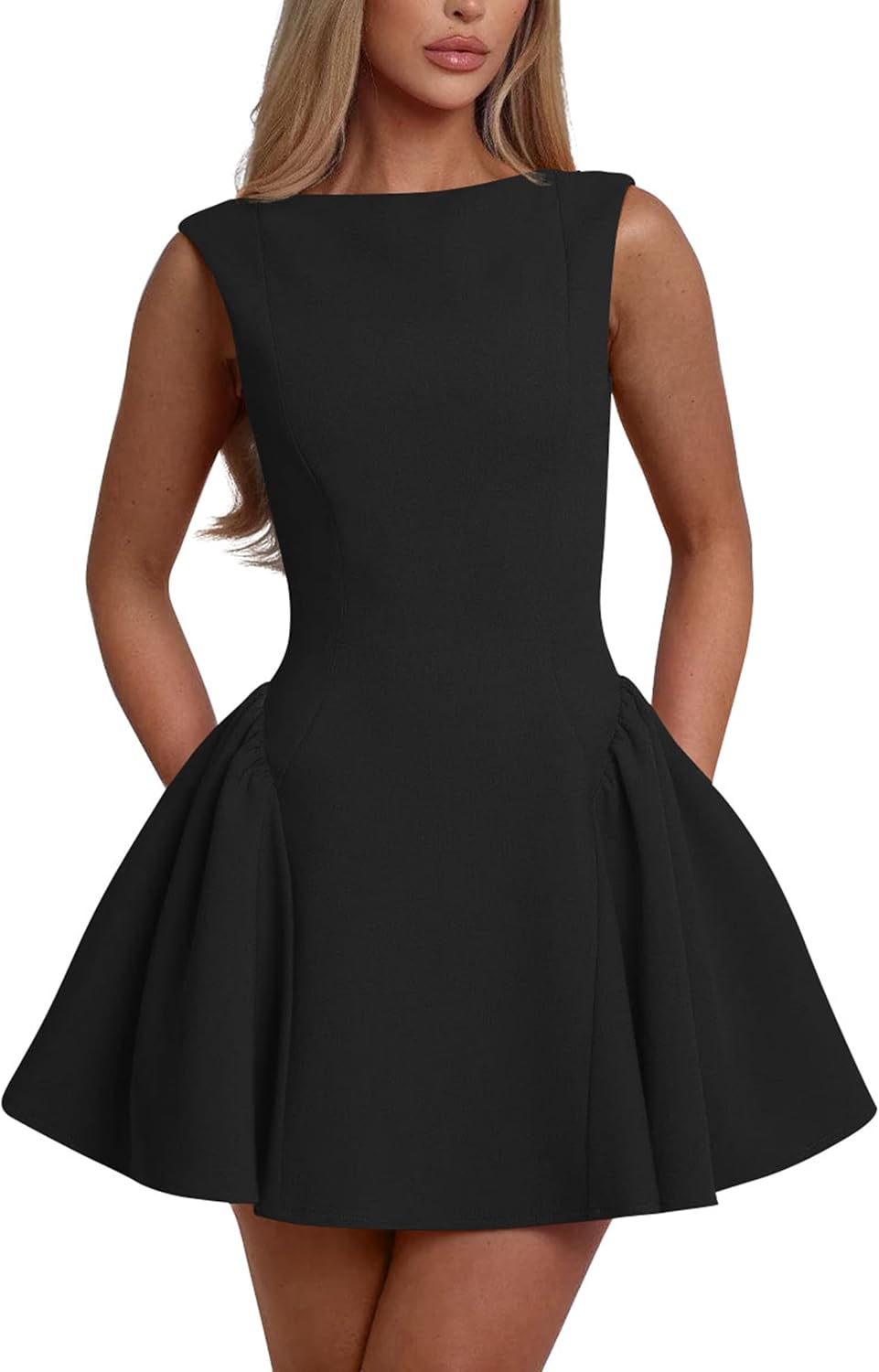 YMDUCH Women's Summer Sleeveless Backless A-line Mini Prom Dress | Crew Neck,Backless,Birthday,Party,Homecoming,Gradution,Back to School,Club,Date,Cute,Prom,Stretch,Solid,Comfy,Fashion,Trendy