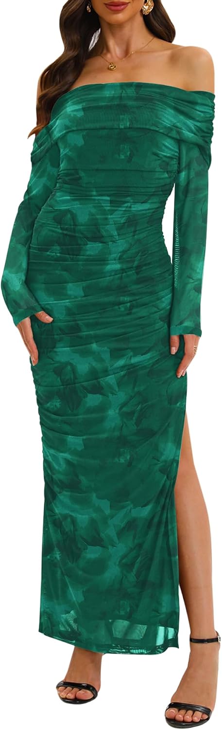 Relipop Women Off Shoulder Dress Long Sleeve Bodycon Mesh Ruched High Split Spring Formal Wedding Guest Maxi Dresses