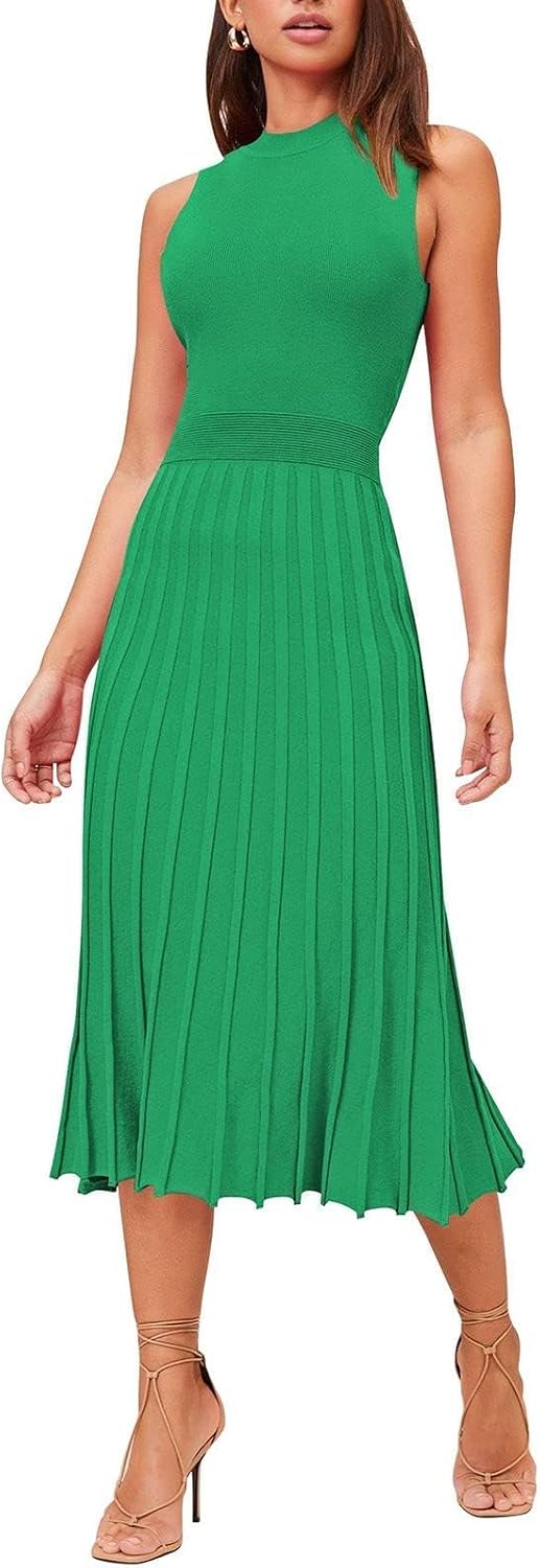 Pink Queen Women's Elegant Sleeveless Pleated A Line Midi Sweater Dresses | Crewneck,High Waisted,Ribbed Knit,Swing Long Dresses,Soft Stretchy,Business Causal,Work,Wedding,Party,Cocktail