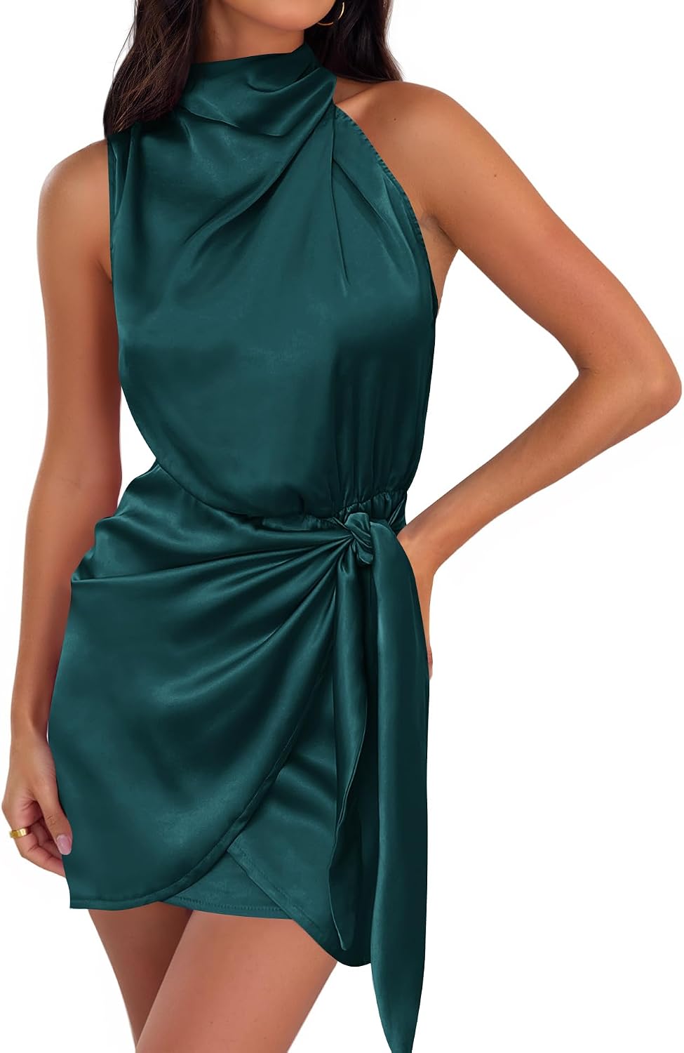 ZESICA Women's Satin Sleeveless Halter Tie Waist Wrap Bodycon Mini Dress | 2026 Summer Fashion Short Dresses, Silky High Waist Dress, Above Knee Length, Sexy Cocktail Party Club Outfits