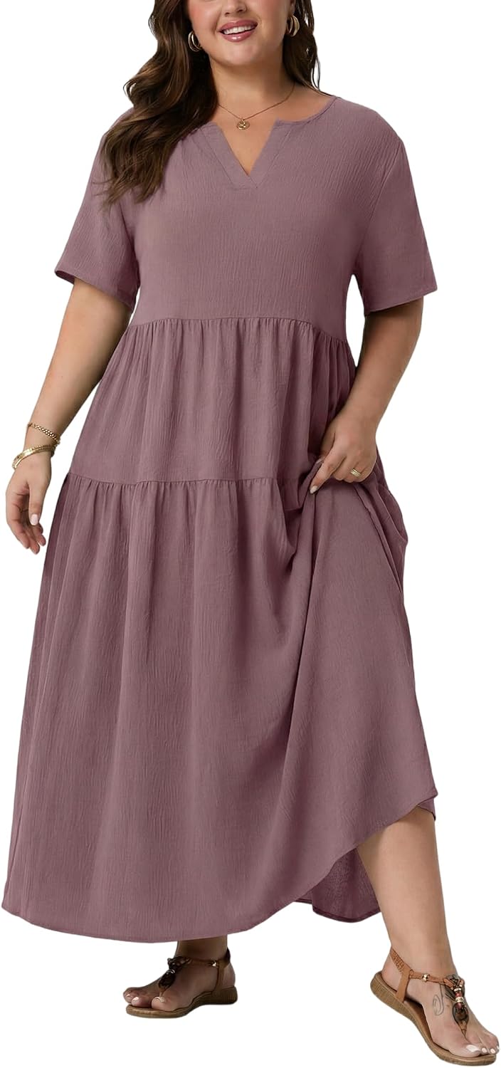 OLRIK Plus Size Maxi Dresses for Curvy Women - Flowy Boho Summer Dress with Pockets, V-Neck Short Sleeve for Beach Vacation