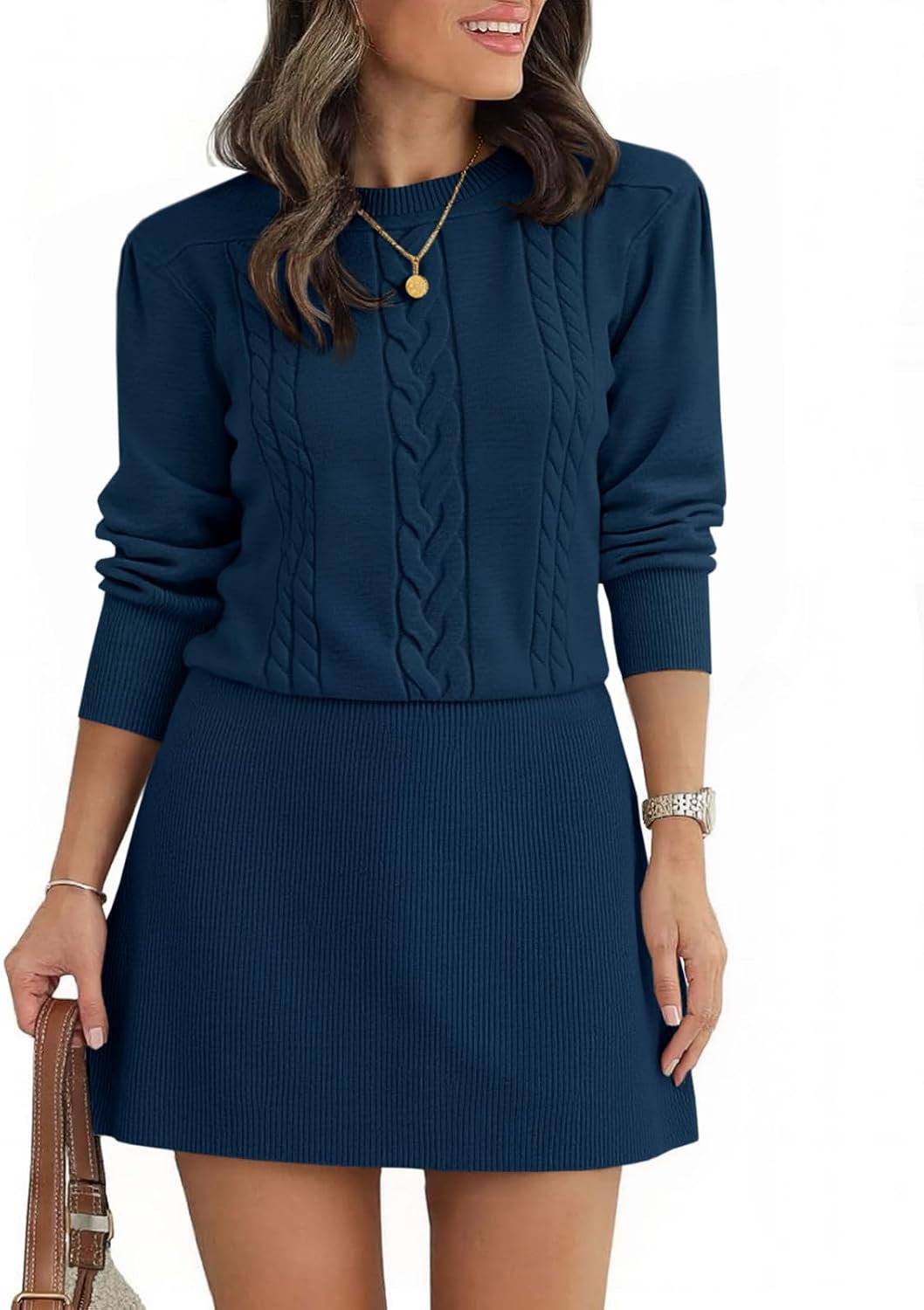 Saodimallsu Womens Puff Long Sleeve Sweater Dress Cable Knit Fall Dresses | Cable Knit, A Line, Crew Neck, Fall Casual, Flare Mini dress