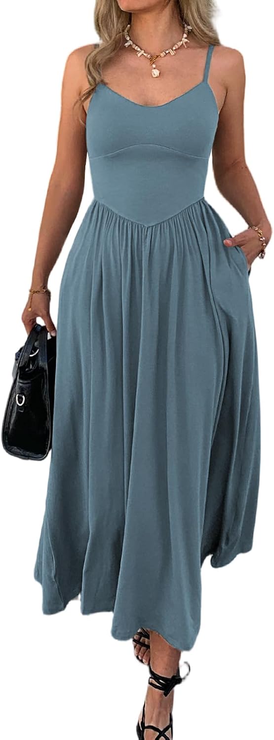 Evzeiem Womens Spaghetti Strap Maxi Dresses Summer Casual Sleeveless A Line Long Flowy Dress with Pockets Beach Sundresses