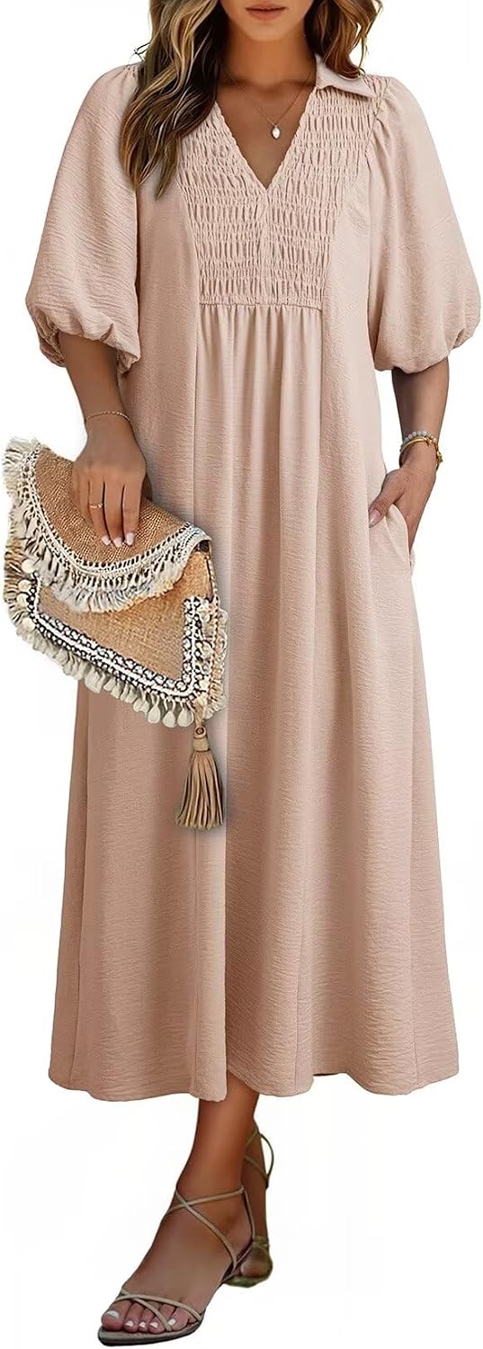 Dokotoo Summer Dresses for Women 2026 Casual Dresses V Neck Puff Sleeve Empire Waist A-Line Maxi Dress