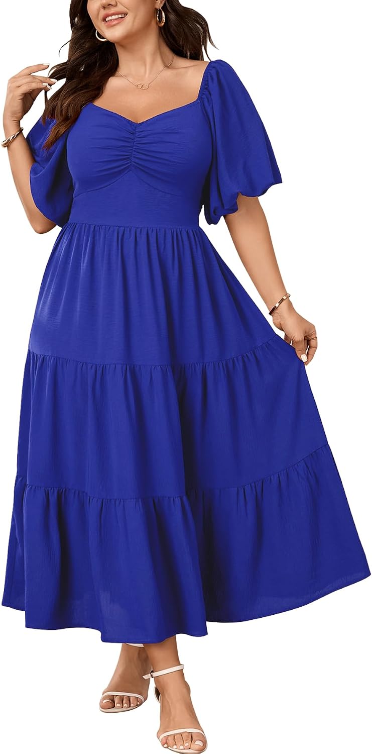 SHESTARR Womens Plus Size Wedding Guest Maxi Dress | Puffy Short Sleeve, Sweetheart Neckline, Smocked, Flowy, Tiered, A Line, Summer, Long Dresses