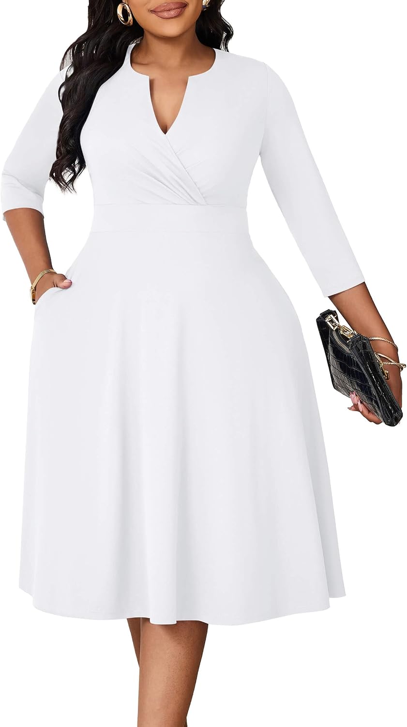 Runwind Plus Size Curvy Dresses for Women A-Line V Neck Casual Midi Dress | 3\/4 Sleeve, wrap shirred bodice, stretch empire waist, pockets & back hidden zipper, elegant style for cocktail party