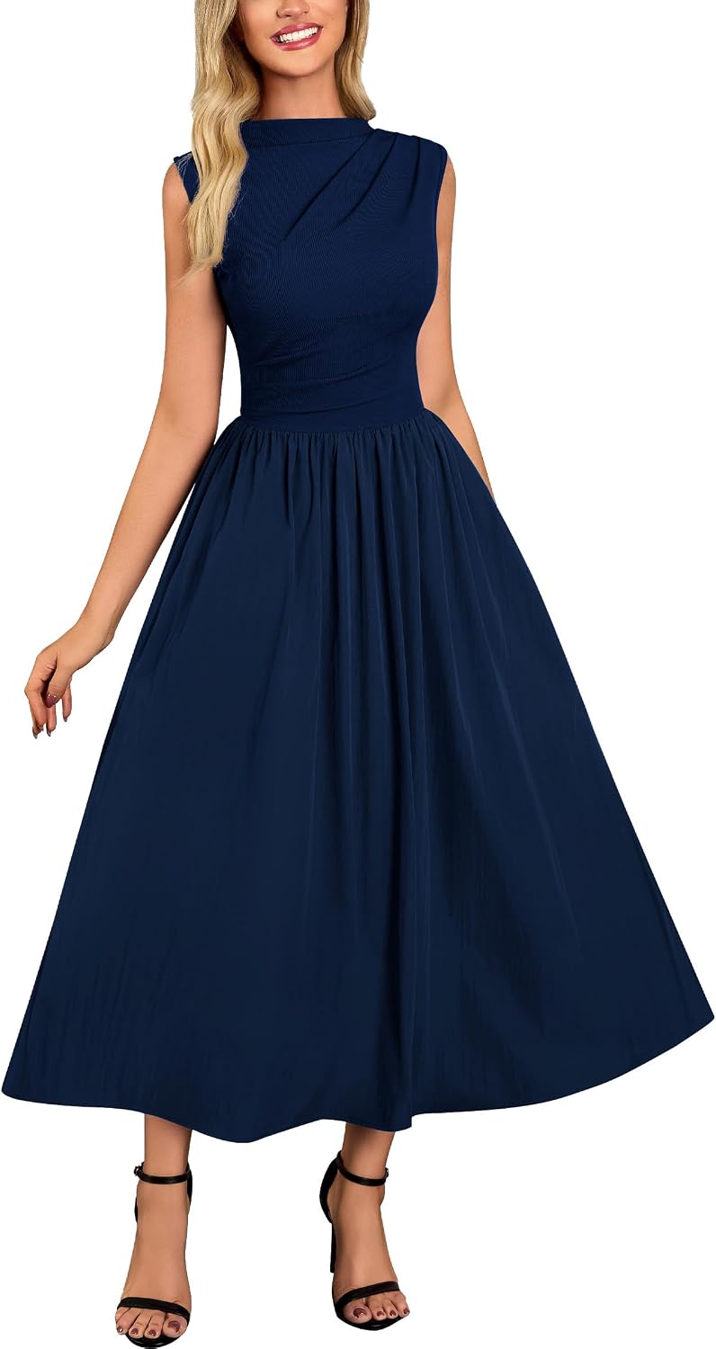 Miusol Women's Retro Half Collar Sleeveless with Pocket Casual Swing Dress | Sleevelss, Slim Cutting, Under Knee Length, For Outdoor