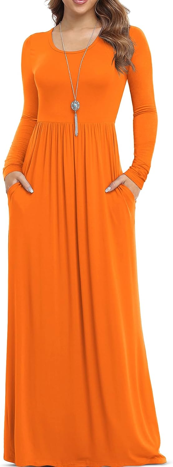 VIISHOW Women's Long Sleeve Casual Empire Waist Maxi Dress with Pockets | Soft stretch,Loose\u2011flowing dress,Full\u2011length cut,For church & daily occasions,Layer for cool Fall\u2011Winter,Casual to Formal