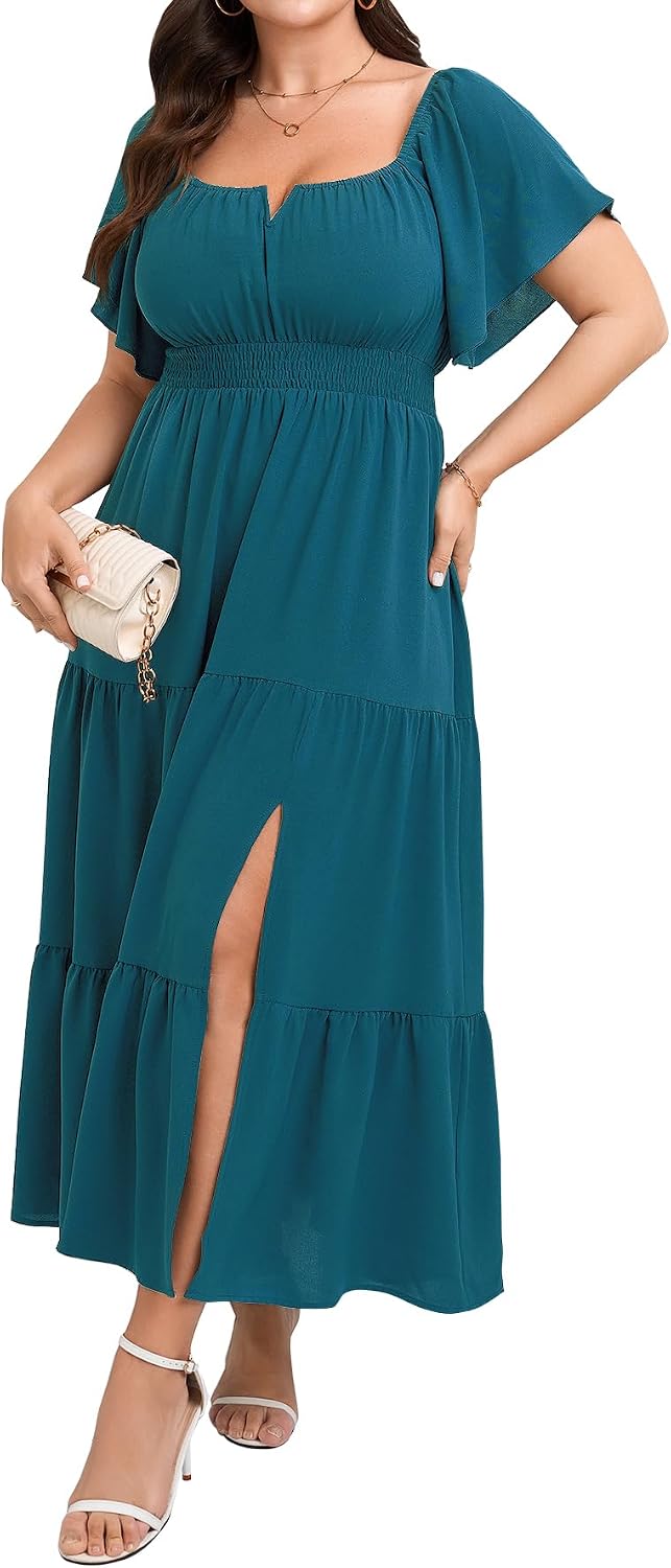 SCOMCHIC Womens Plus Size Wedding Guest Cocktail Dresses | Short Sleeve, Square Neck, Tiered Ruffle, Slit Maxi Dress