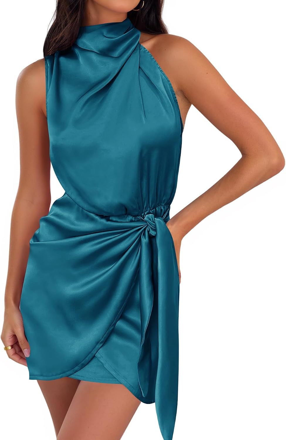 ZESICA Women's Satin Sleeveless Halter Tie Waist Wrap Bodycon Mini Dress | 2026 Summer Fashion Short Dresses, Silky High Waist Dress, Above Knee Length, Sexy Cocktail Party Club Outfits