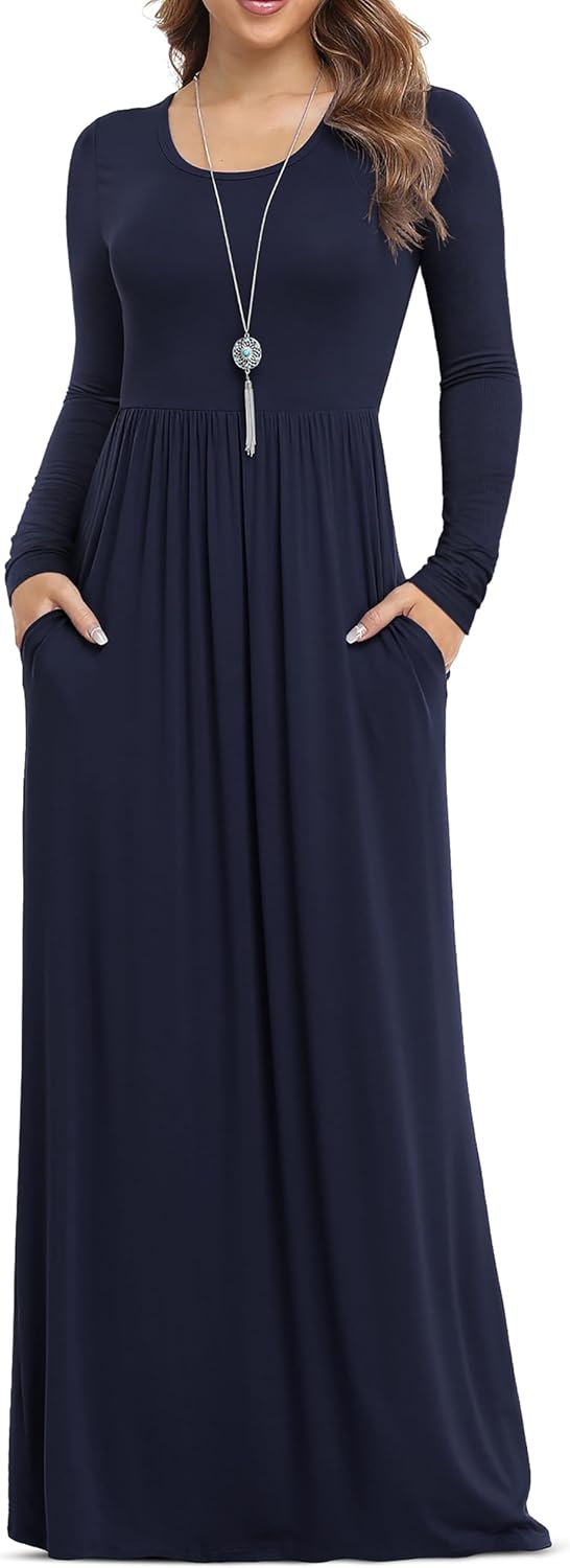 VIISHOW Women's Long Sleeve Casual Empire Waist Maxi Dress with Pockets | Soft stretch,Loose\u2011flowing dress,Full\u2011length cut,For church & daily occasions,Layer for cool Fall\u2011Winter,Casual to Formal