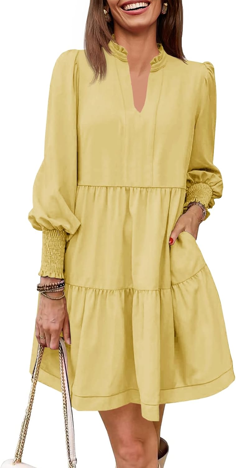 Imily Bela Womens Fall Long Sleeve Tunic Dress Casual V Neck Tiered Dress | Loose,Swing,A-Line,Ruffled Collar,Puff Balloon Sleeve,Smocked Elastic Cuffs,Tiered Layered Ruffle Hem,Babydoll,Loose,Mini