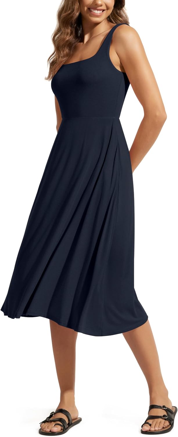 ODODOS Square Neck Midi Dress with Pockets for Women Summer Casual Sleeveless Sundress Flare Tank Dress