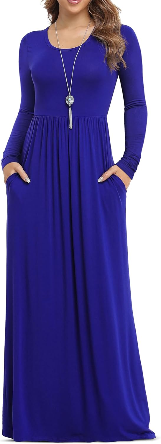 VIISHOW Women's Long Sleeve Casual Empire Waist Maxi Dress with Pockets | Soft stretch,Loose\u2011flowing dress,Full\u2011length cut,For church & daily occasions,Layer for cool Fall\u2011Winter,Casual to Formal